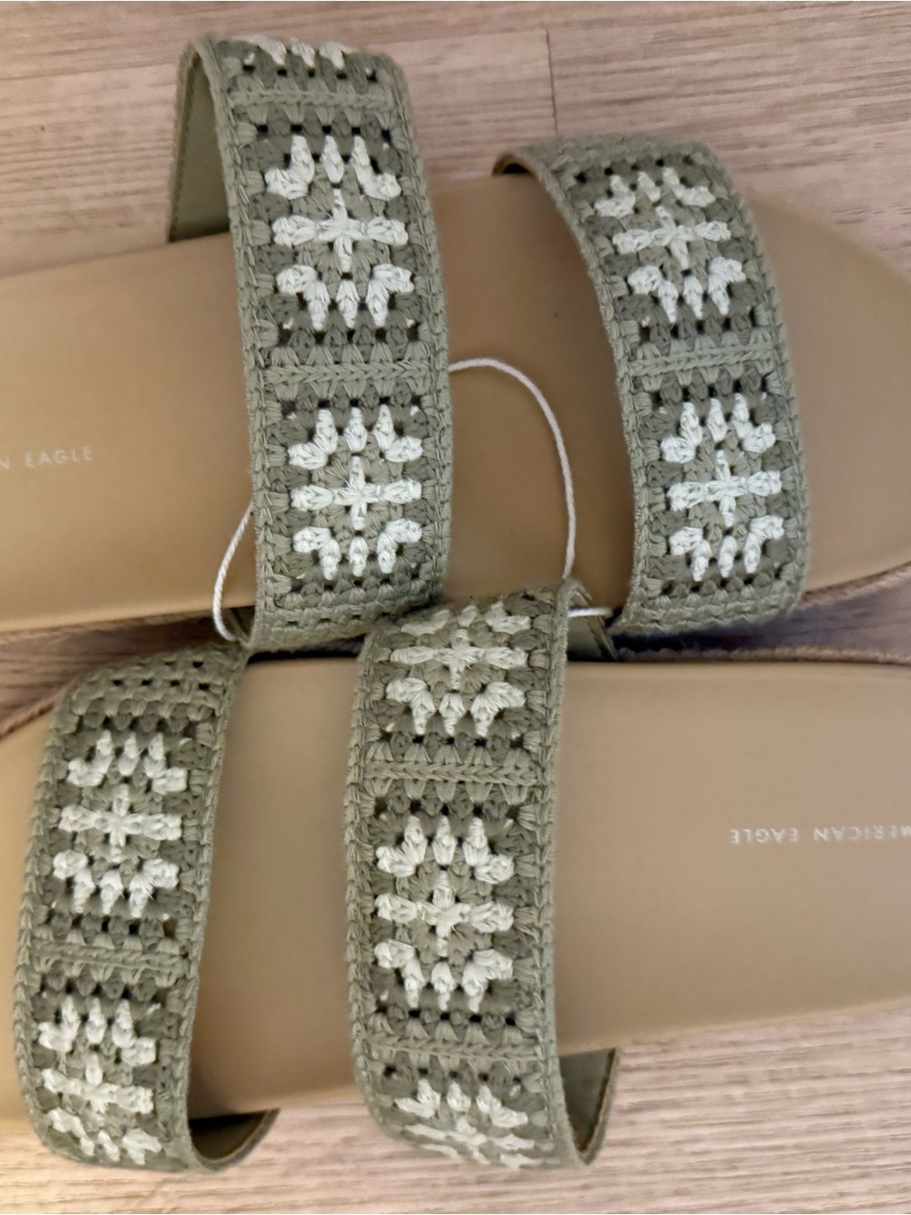 American Eagle Outfitters Olive and Cream Crochet Double-Strap Slide Sandals
